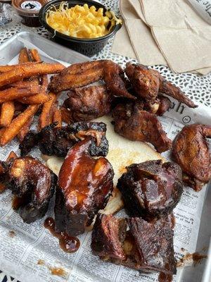 Rib tips, smoked wings, sweet potato fries and mac and cheese