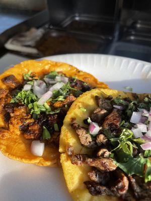 Pastor taco w/chile handmade tortillas & Asada taco w/corn handmade tortillas