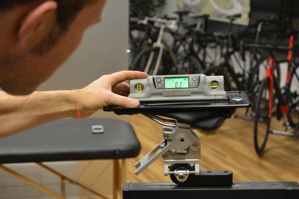 Saddle Angle check during Bike Fitting