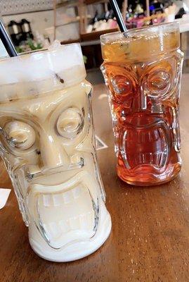 Iced Honey Cinnamon Latte (left) and Assam black tea (in tiki glasses?!)