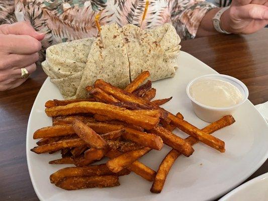 Chicken wrap with sweet potato fries