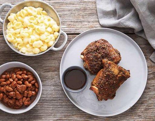 Sweet Whiskey Chicken, BBQ Beans, Mac & Cheese