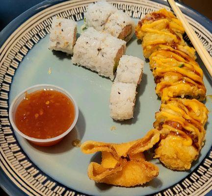 Salem roll, California roll with krab salad,sweet chili sauce and a krab rangoon