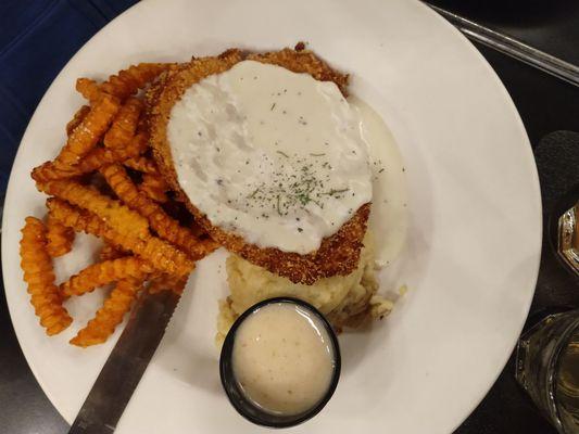 The chicken fried steak with sweet potato fries