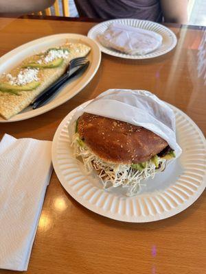 Cemita de milanesa and quesadilla de chicharrón prensado