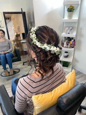 Updo hair with flower crown