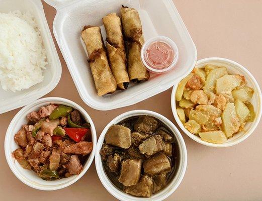 White rice, lumpia, pork adobo/pork belly, chayote with shrimp