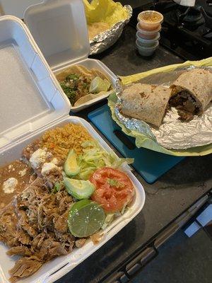 Asada burrito, Carnitas plate and carnitas taco.