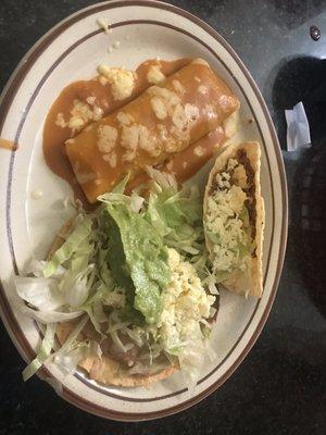 Beef Taco, Beef enchilada and Chupula