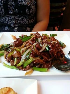 Beef and scallions. Good but not great. Beef not as tender as it should be and a little salty. But scallions  soft and tender.