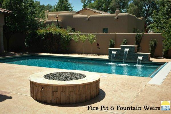 Custom stamped concrete pool deck, fountains, fire pit and new plaster.