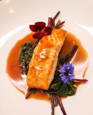 Miso and Maple Glazed Atlantic Salmon on Beet Greens in a Red Miso Broth.