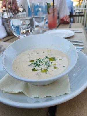 Oyster chowder (cup).   Delicious, though could have had a little less truffle oil.