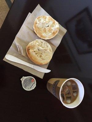 Iced coffee and a bagel with cream cheese for $3.50