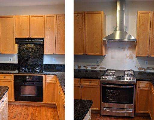 Before and after, custom installation of slide-in range to replace cooktop and oven combo