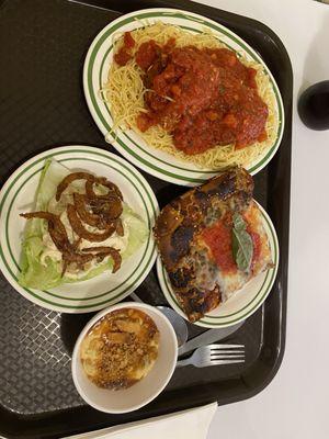 $50 of food (including 2 sodas) Angel hair pasta with meatballs, pizza, banana pudding, "salad"