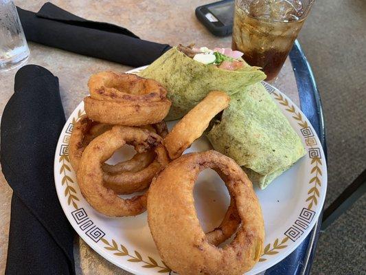 Gyro wrap And onion rings.