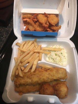 Three piece fish meal and butterfly shrimp with a clam strip appetizer. Not pictured the best gumbo ever!