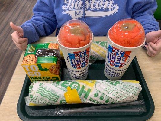 Clean table, clean tray, subs, cookies, slushies