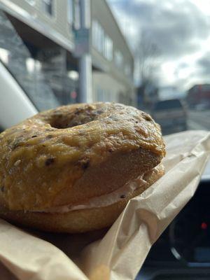 Hatch cheddar bagel with smoked salmon cream cheese