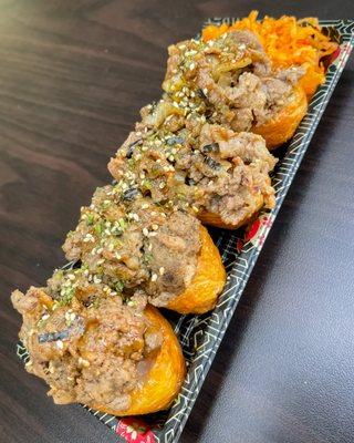 Bulgogi beef inari and loco moco inari