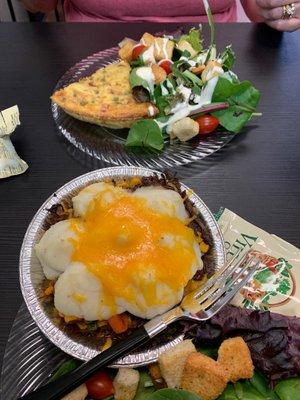 Brisket shepherds pie in front, chili rellano quiche in back. Entree, salad, drink, and pie $11.95