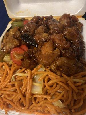 Combo B with chow mein spicy orange and kung pao chicken