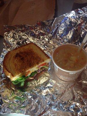 New England clam chowder and veggie melt on sourdough