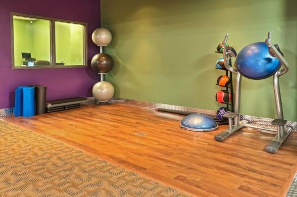 exercise accessories such as resist-a-balls, jump ropes, bosu-ball, resistance bands, trampoline, yoga mats, plyo steps etc.