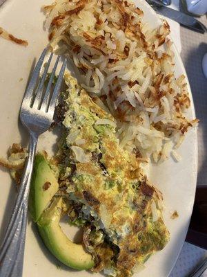 Bacon, avocado, onion omelette with HASH BROWNS !!