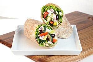 GREEK WRAP: chopped romaine & iceberg blend, cucumbers, grape tomatoes, red onions, banana peppers, black olives, and feta cheese.