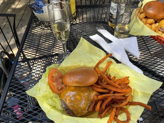 Red moose burger and sweet potato fries