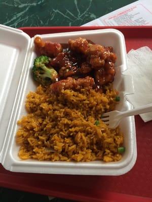 General TSO lunch special. Very good and piping hot. Crispy on the outside, juicy on the inside. The fried rice is ok as well.