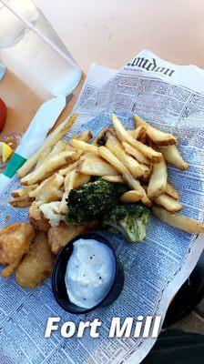 Fish and chips  substituted roasted vegetables instead of coleslaw.