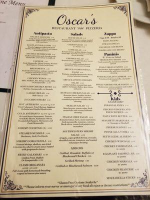 Oscar's menu