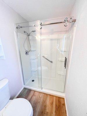 Shower conversation with custom glass door