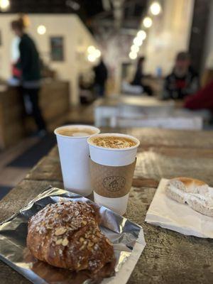 Honey lavender latter w/almond milk, crème brûlée latte, almond croissant & plain bagel w/cream cheese.