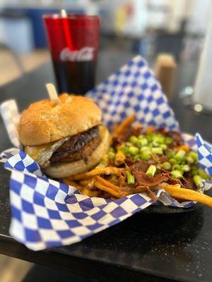 Hangover Burger with bacon $ cheese fries.