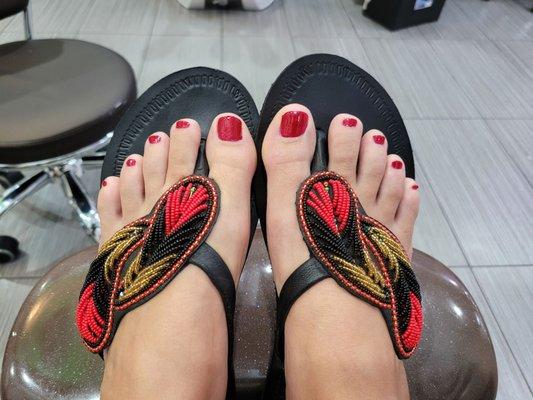 Red sparkly. Awesome signature pedicure!