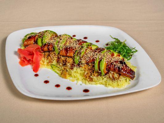 Chinar roasted eel with avocado, served over basmati rice and roasted sesame seeds!