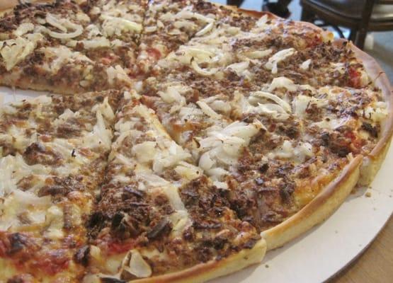 Large hamburger and onion pizza---YUM!