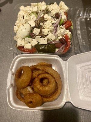 Onion rings and Greek Salad