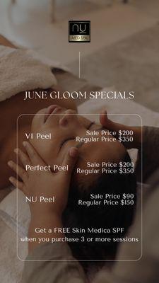 A peek at our June Gloom Specials! Now is the last chance for a peel before the summer heat starts. Give us a call to book your appointment