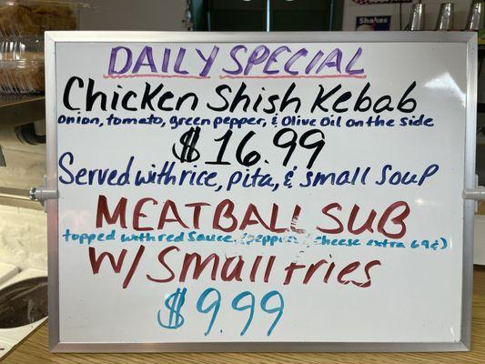 Daily specials as per late January 2024