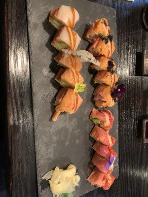 Flaming heart sashimi roll, samurai sashimi roll, and pink lady roll