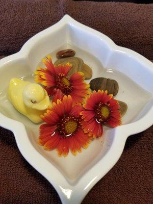 Gaillardia from my garden to you. A magnificent flowers in a soaking bowl is ready for your spa manicure . Only at Be Green.