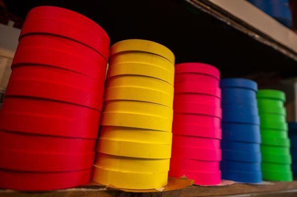 We have all the usual colors of gaff tape and paper tape in 1" and 2" sizes