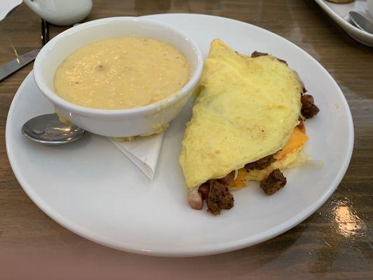 Big Porker Omelette and cheesy grits.