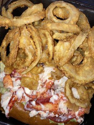 Lobster roll and onion rings.