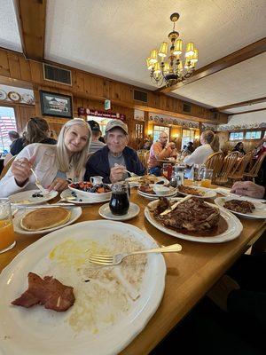 Apple pancakes, fresh fruit crepe, bacon/sausage, eggs, and hash browns. Freshest orange juice this side of an unpeeled orange.